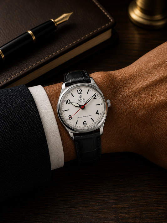 Vintage Tudor white dial Swiss watch — wrist shot — PAWL Studio